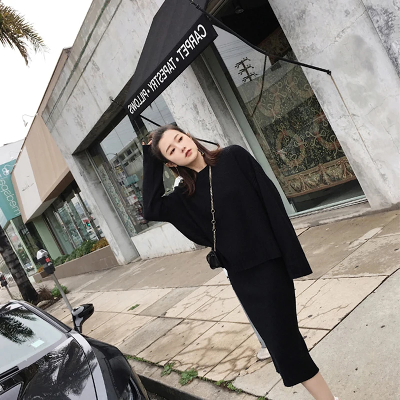 

Plus Size 2020 Autumn Winter Two Pieces Sets O-Neck Batwing Sleeve Loose Pullovers Sweater + Skirt Suits S07613R