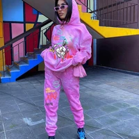 new hip hop streetwear tracksuits womens winter clothes two piece sets tie dye cartoon letter print hoodie sweatpants plus size