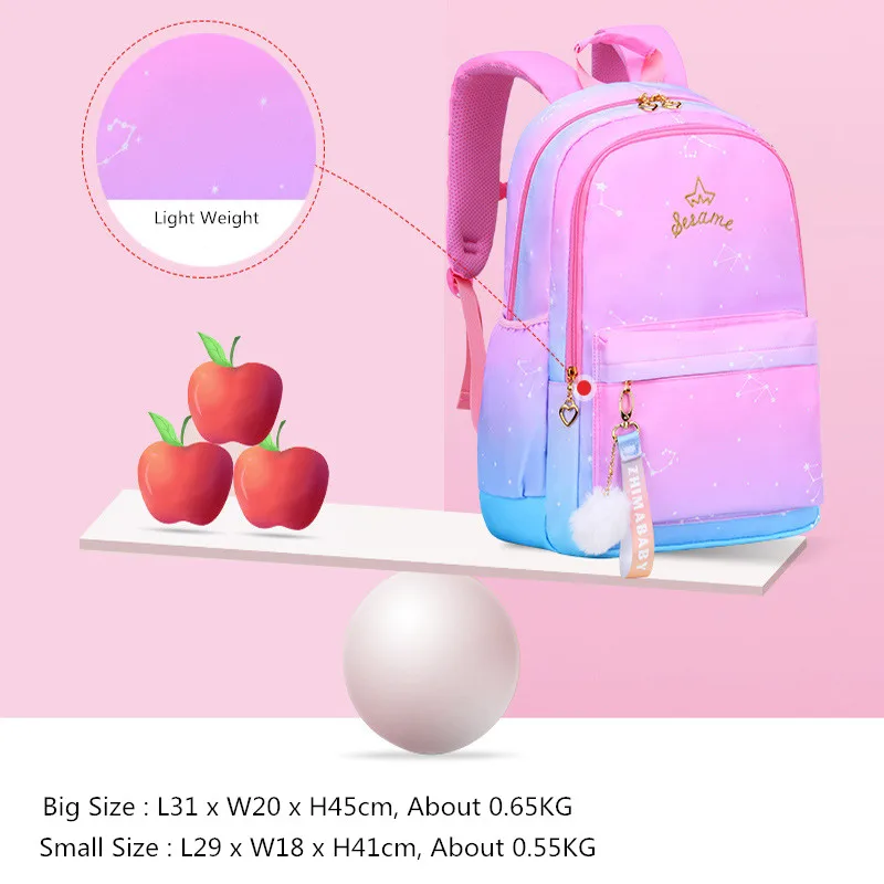 

Fengdong korean style school backpack for girls 6-12 years old kids book bag cute plush ball pink blue school bags girl satchel