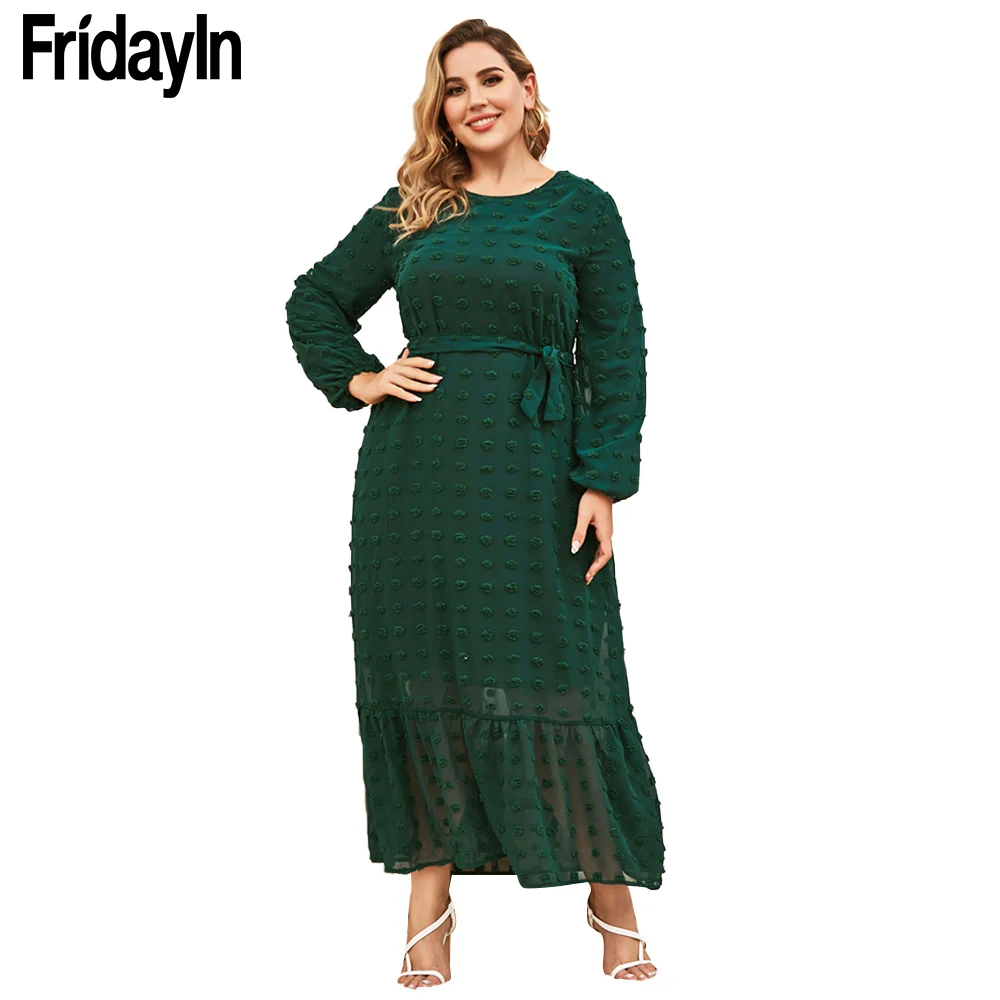 

Новинка 2021, осенняя женская повседневная одежда FridayIn большого размера, элегантное кружевное Сетчатое модное однотонное длинное платье-тра...