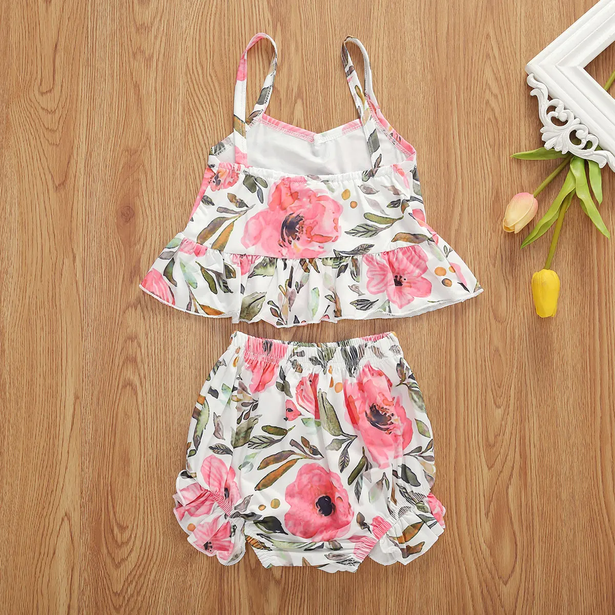 6M-4T Children Fashion Print Two-piece Outfit Ruffle Tank Top Shorts Casual Style Clothes 2Pcs | Детская одежда и обувь
