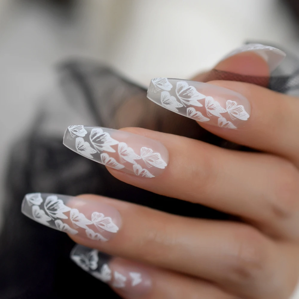 24pc Butterfly French Ballerina Coffin False Fake Nails Extra Long Press on Party Finger Wear Nail Tips 1 Sheet Jelly Sticker | Красота и
