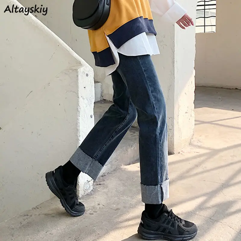 

Джинсы женские шикарные манжеты дизайн осень ретро Ulzzang Подростковая джинсовая подошва универсальные модные простые с высокой талией опря...