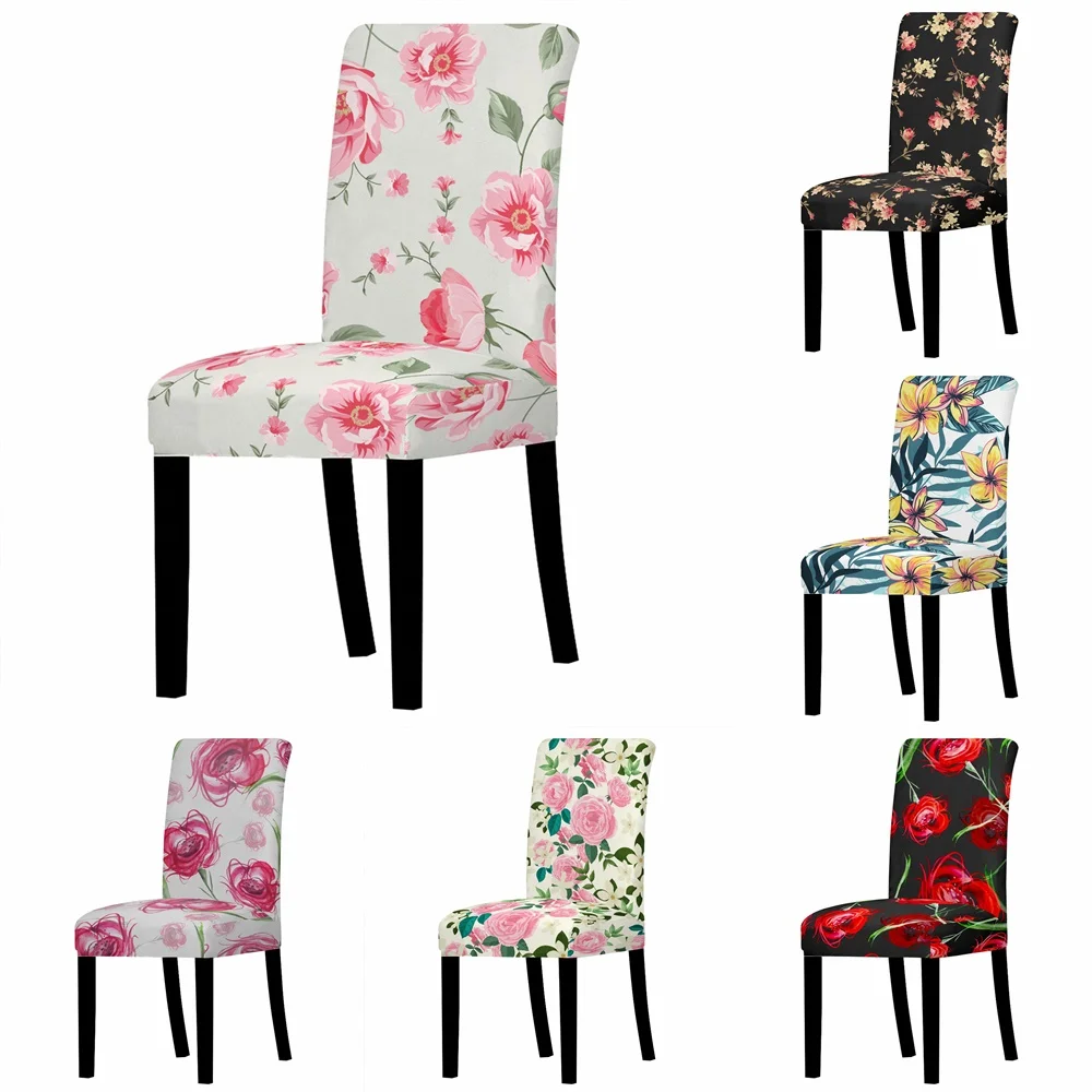 

Pink Floral Chair Covers Rose Flower Elastic Seat Cover Slipcovers For Dining Room Kitchen Stretch Seat Case For Banquet Home