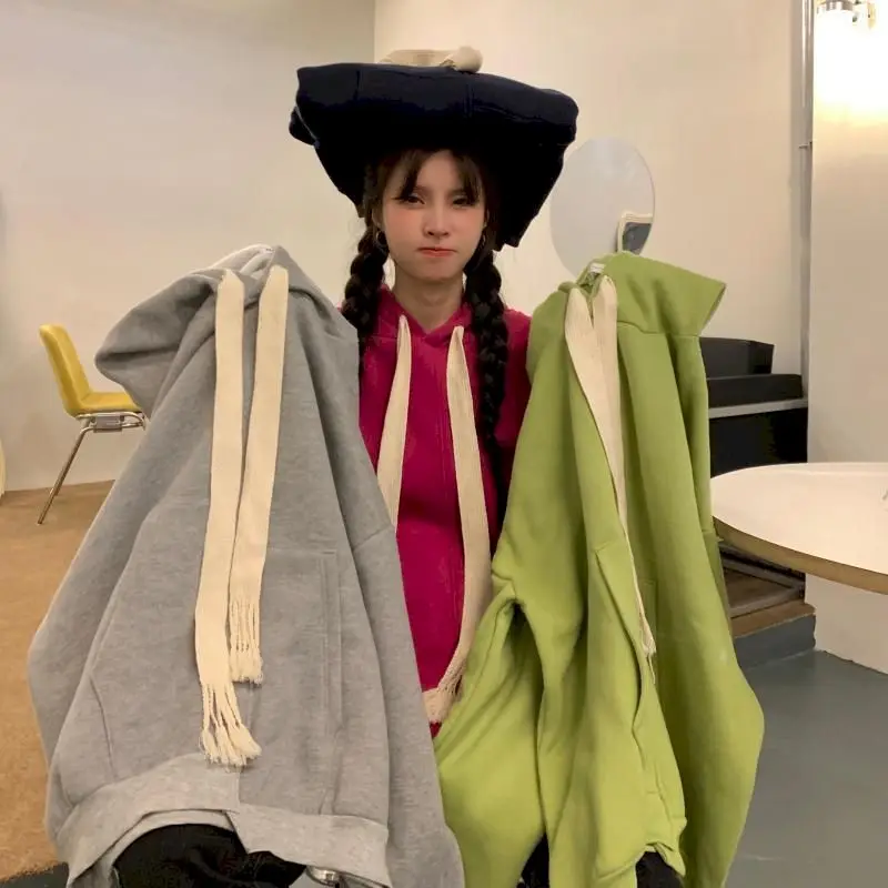 

Big Hat Rope Casual Hoodies for Fall/winter New Irregular Design Sense Loose Long-sleeved Hooded Jacket Womens Mid-length Tops