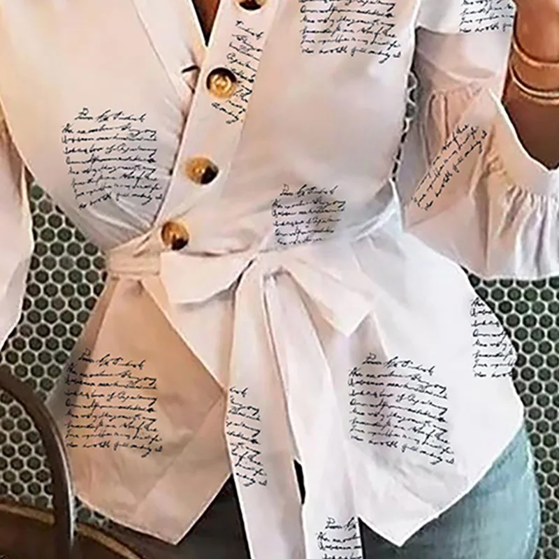 Женская блузка с надписью длинным рукавом-фонариком офисная для осени и зимы