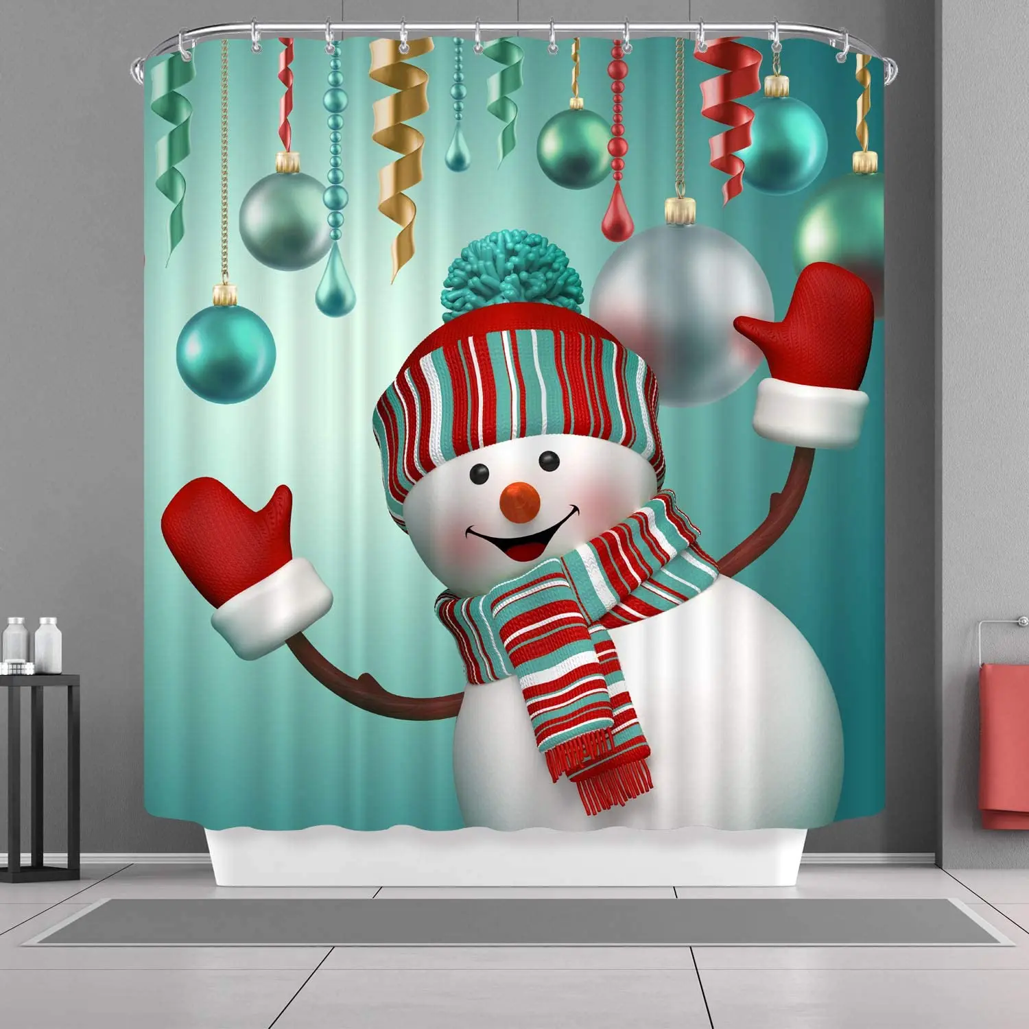 

Bathroom Decor Custom Xmas Merry Christmas Shower Curtain Sets With Hooks Cute Snowman Xmas Ornaments Ball Green Pattern Print