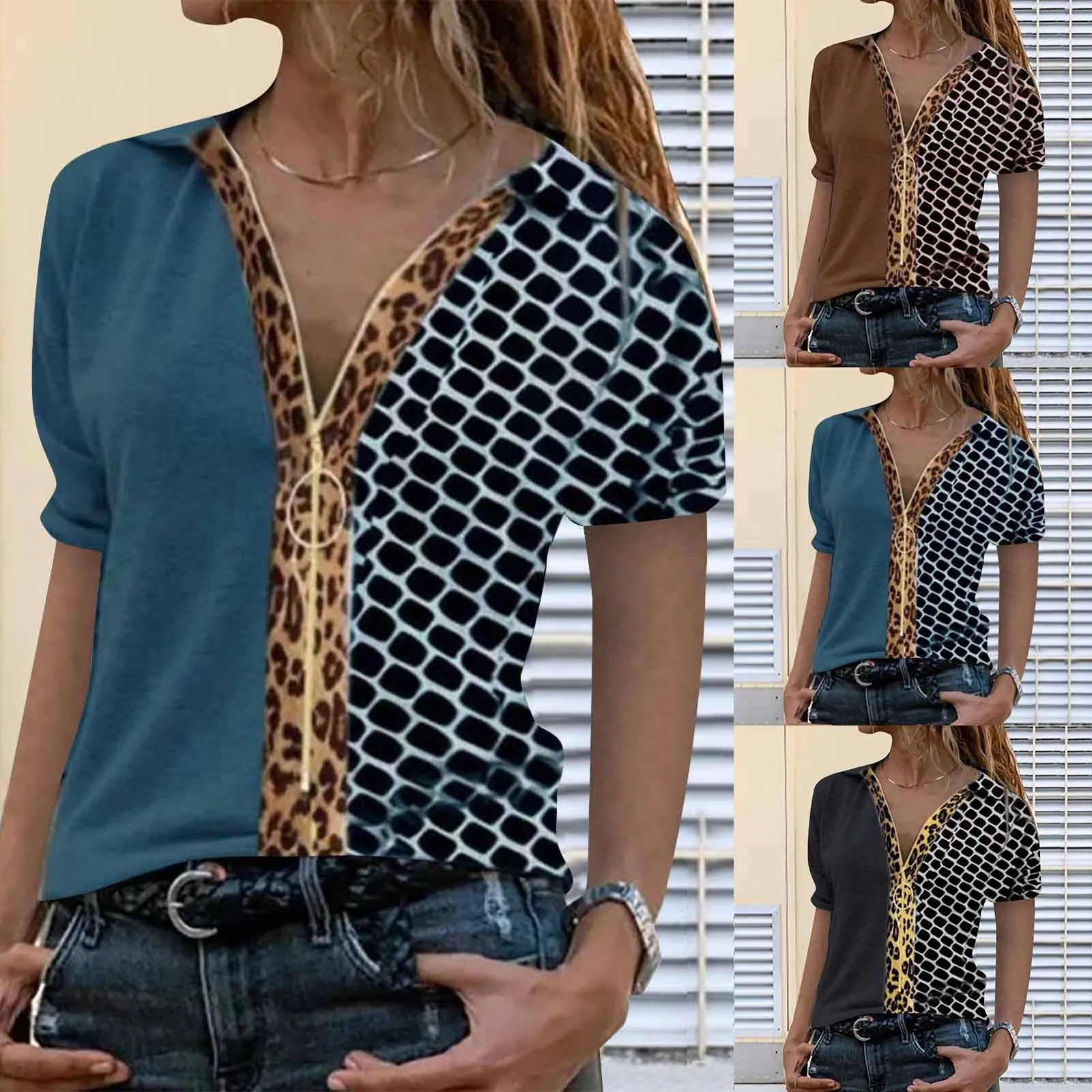 

Women Long Sleeve Zipper Lapel T-Shirt Grid-shaped Like Snakeskin-Shape Printing Blouse Top Daily All-match Girls T-shits