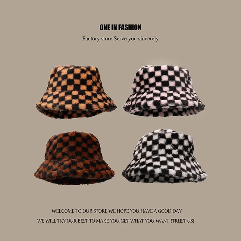 

Fisherman Women's Autumn and Winter Wild Korean Style New Thickened Warm Plush Bucket Hat Black and White Grid Cute Hat