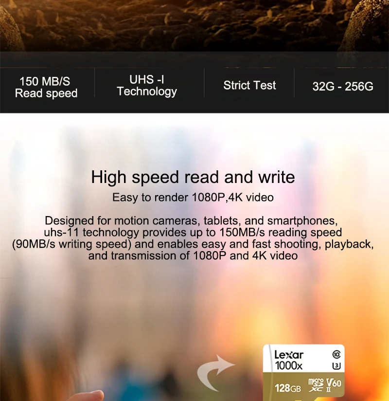 Lexar карта памяти 1000X 32 Гб 64 Гб 256 ГБ 150M U3 4K Micro sd 128 ГБ высокоскоростная флеш-карта microsd TF карта для записи 3D 4K HD
