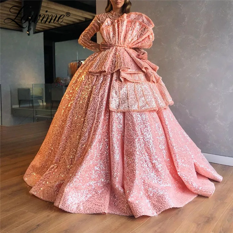 

Glitter Pink Sequins Prom Dresses High Neck Middle East Muslim Formal Evening Gown Long Sleeve Dubai Turkish Kaftans Party Dress