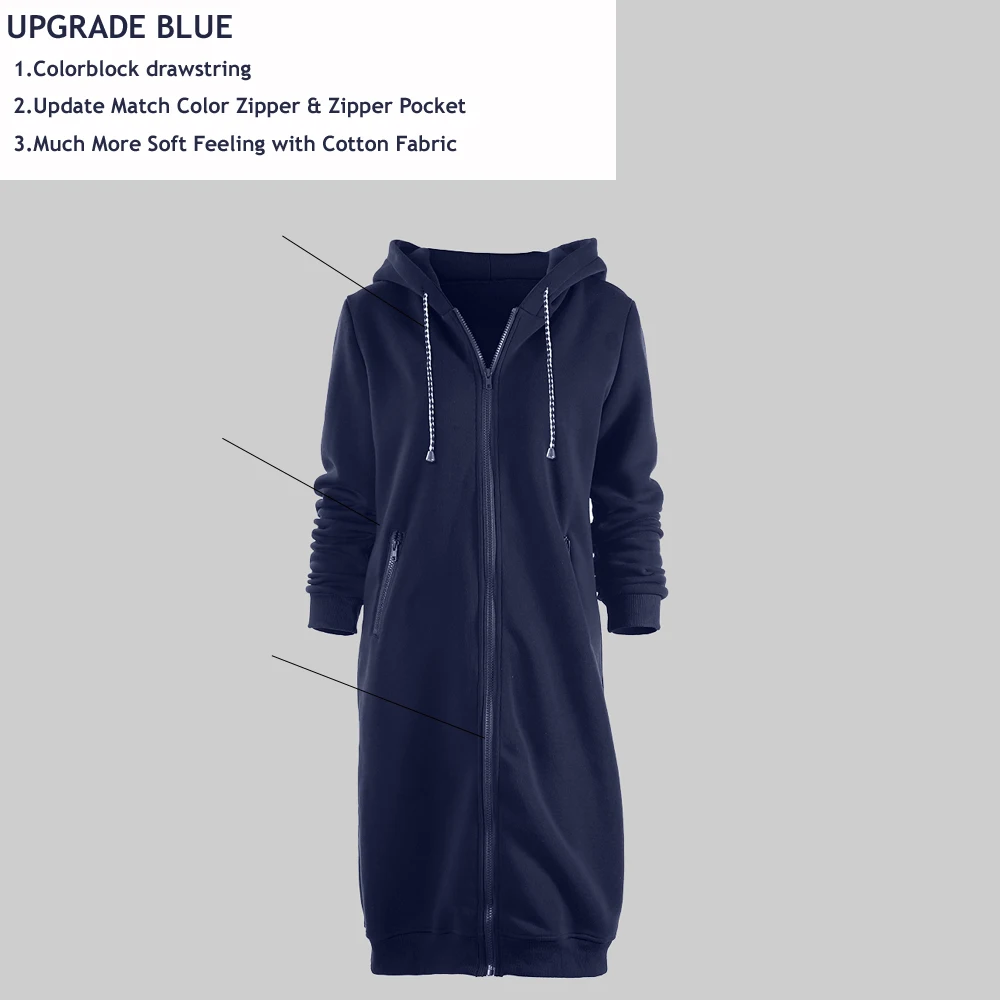 UPGRADE BLUE Wipalo размера плюс женские на молнии с капюшоном удлиненные худи для девушек с длинным рукавом осень. Зимняя Толстовка Пальто Повседневная куртка топ S-5XL - Цвет: UPGRADE BLUE