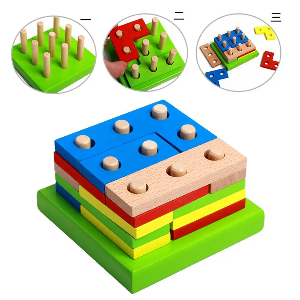 Красочные деревянные пазлы для сортировки доска геометрической формы штабелер