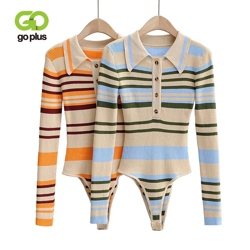 

GOPLUS Bodysuit Overalls for Women Striped Long Sleeve Bodysuits Sexy Body Femme Ropa Mujer Kombinezon Damski Manche Longue