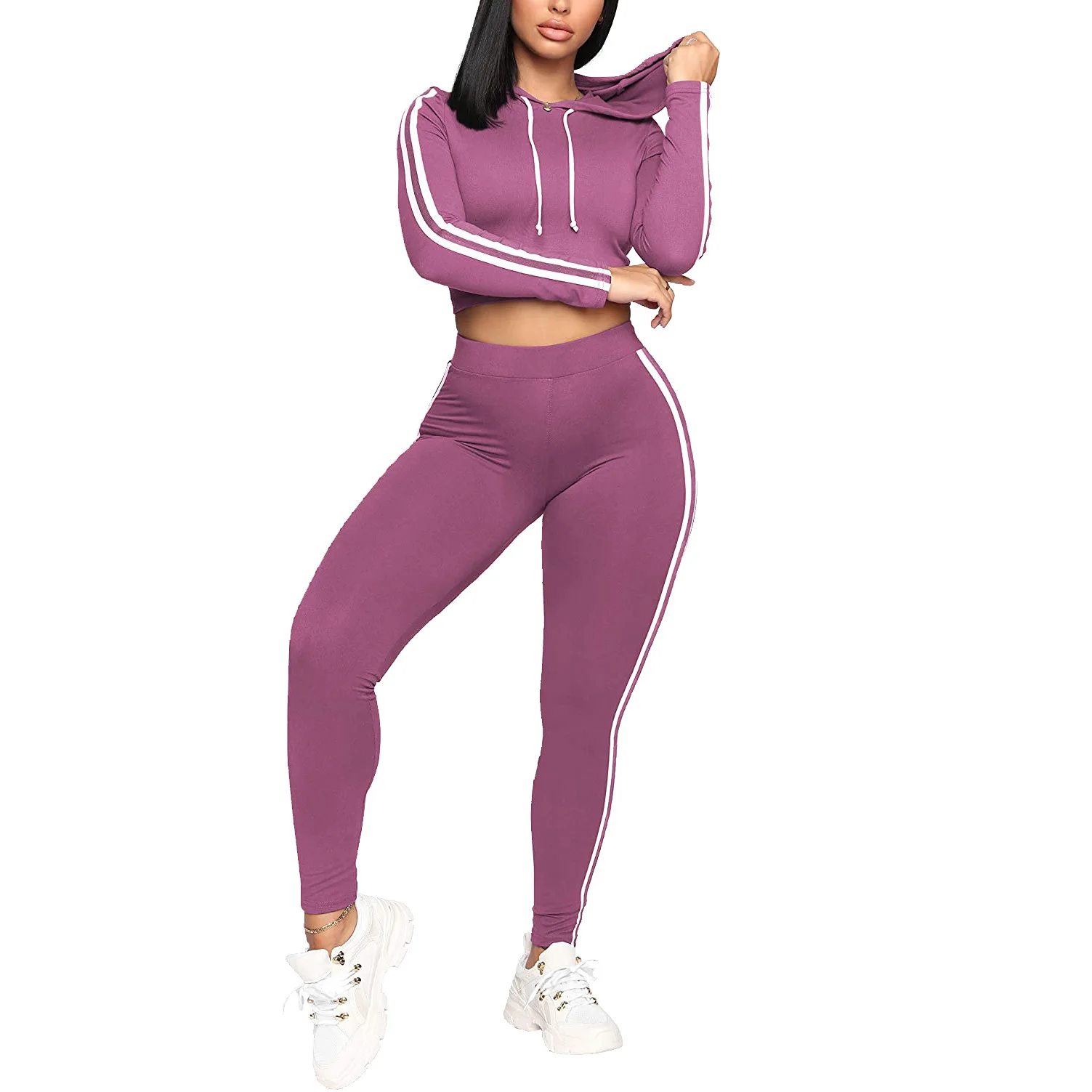 

Women 2 Piece Set Autumn Winter Fashion Hooded Patchwork Long Sleeve Top High Waist Pants Sport Jogging Matching Set Tracksuit