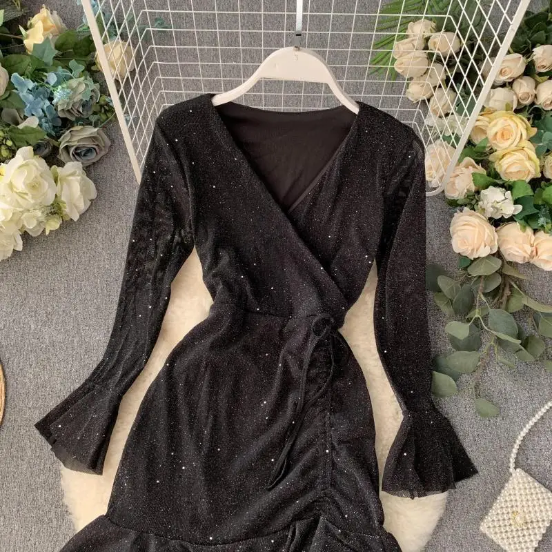 Модные Вечерние Платья с блестящими расклешенными рукавами для женщин 2019