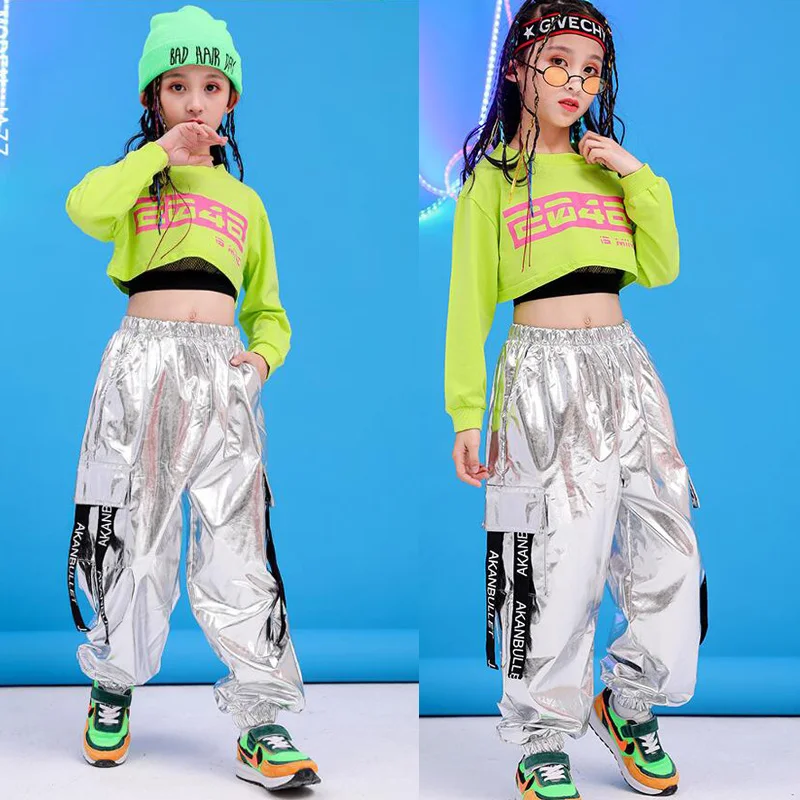 Детская одежда в стиле хип хоп Зеленый свитер Укороченный топ Повседневные штаны