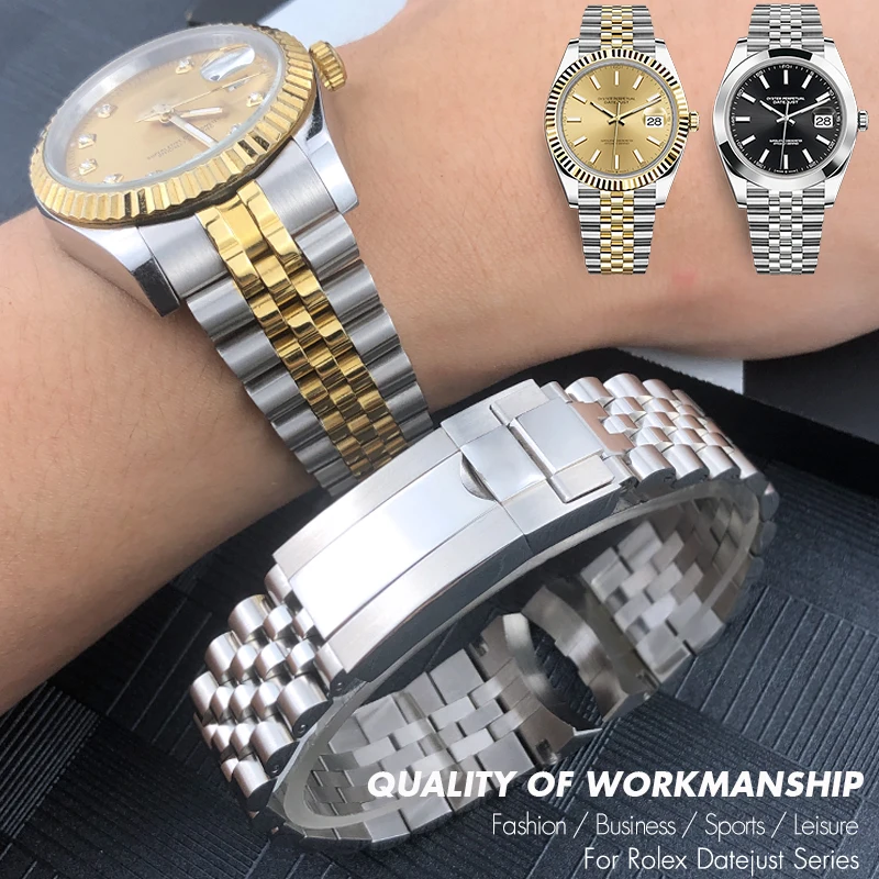 20mm 316L Stainless Steel Watchband Fit for Rolex 36mm Oyster Perpetual Datejust Glossy Silver Golden Metal Watch Strap