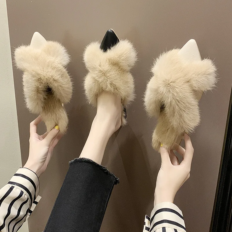 2019 г. зимняя модная женская обувь уличные тапочки с острым носком на плоской