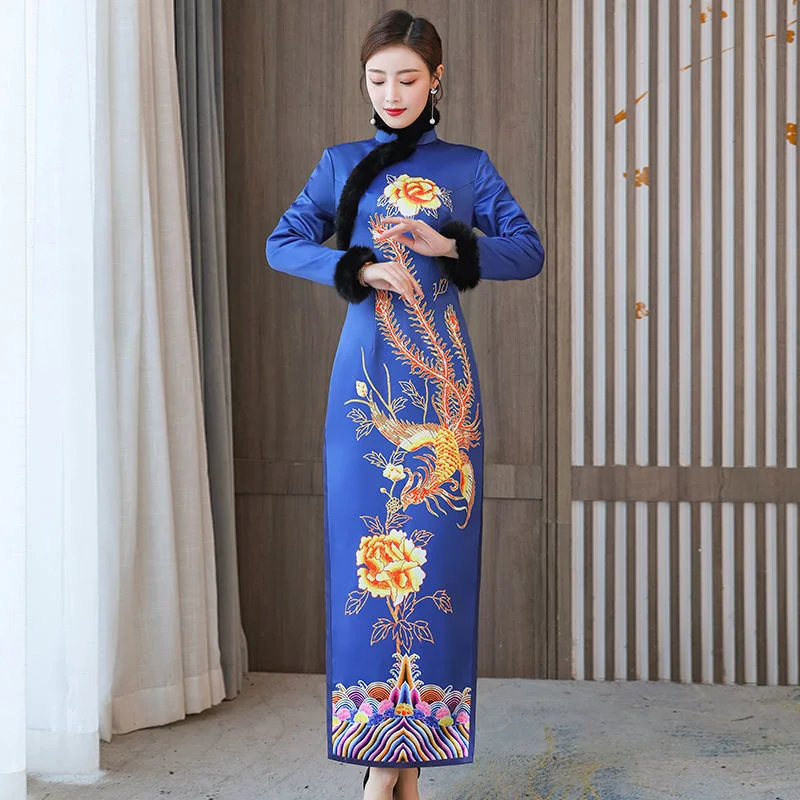 

Высококачественное тонкое длинное китайское платье в стиле Ципао, женское зеленое платье, восточное платье, зимнее Новое плотное платье Ци...