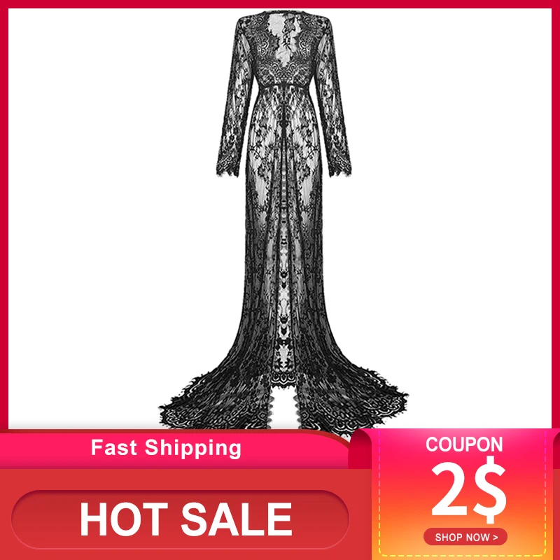 Женское платье с длинным рукавом и v образным вырезом сексуальное кружевное