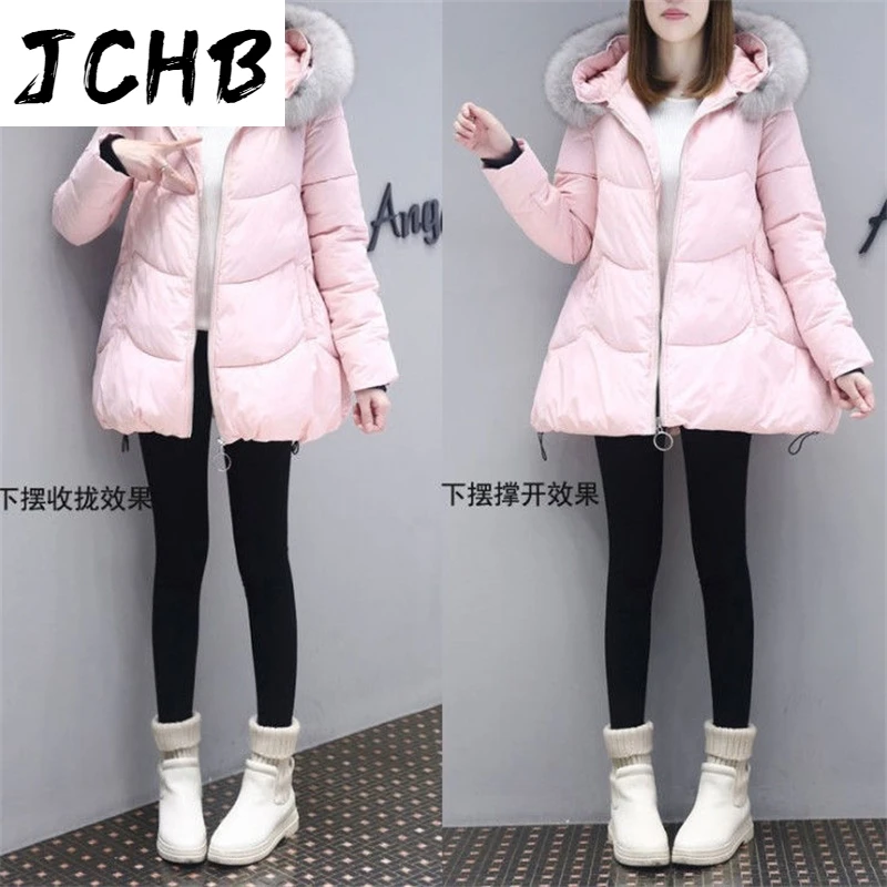 

JCHB Korean Style A Line Women's Winter Jacket Sweet Solid Woman Parkas Hooded With Fur Collar Hairball Plus Size Loose Thick Co