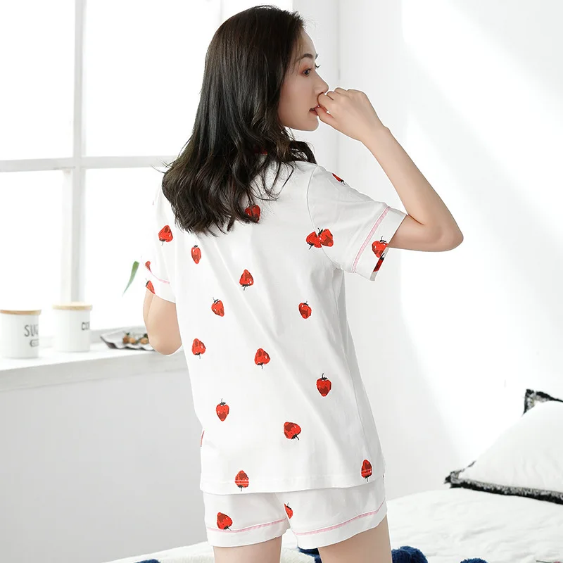 

womens cotton pajamas set couple sleepwear 2019 spring summer plus size nightwear shorts 2 piece household strawberry floral