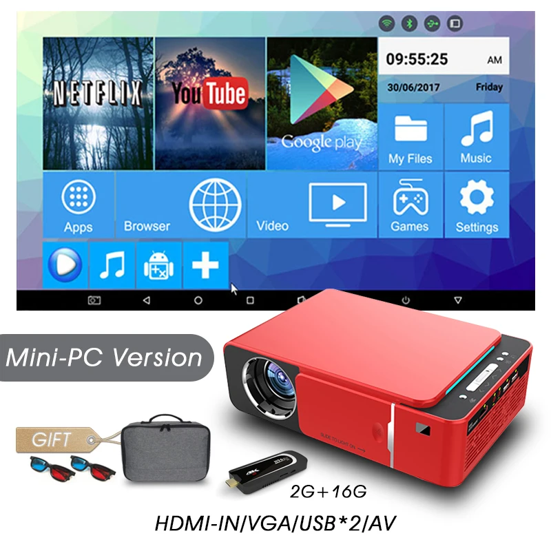 Mini PC-Red Real tv T6 Full HD Led проектор 4K 3500 люмен 1080p Портативный кинопроектор видеопроектор HDMI USB VGA SD с подарком - Цвет: Mini PC-Red