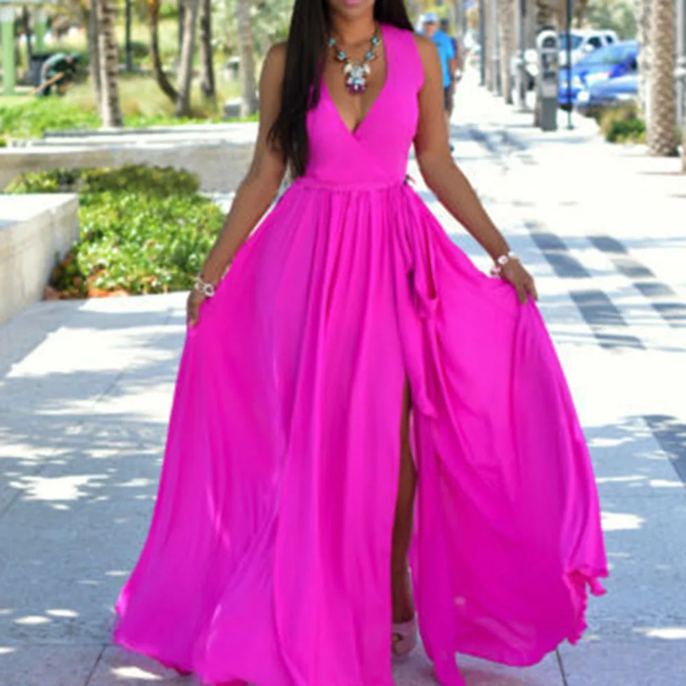 Женское шифоновое платье макси с глубоким V образным вырезом|Женские платья| |