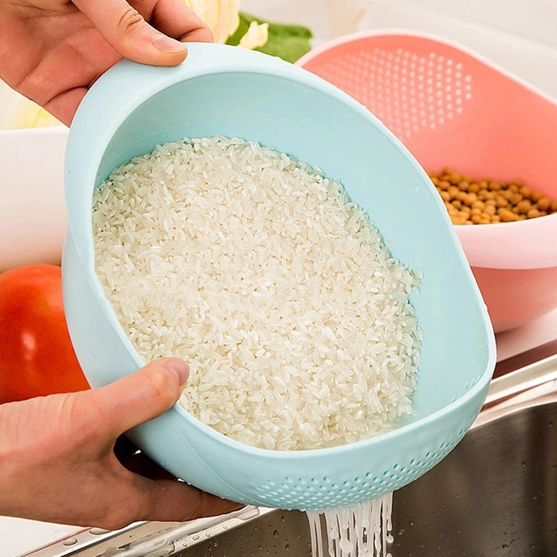 

2pcs Rice Washer Plastic Sieve Fruit Bowl Plastic Clean Machine Vegetables Basin Basket Washing Filter Strainer Kitchen Colander