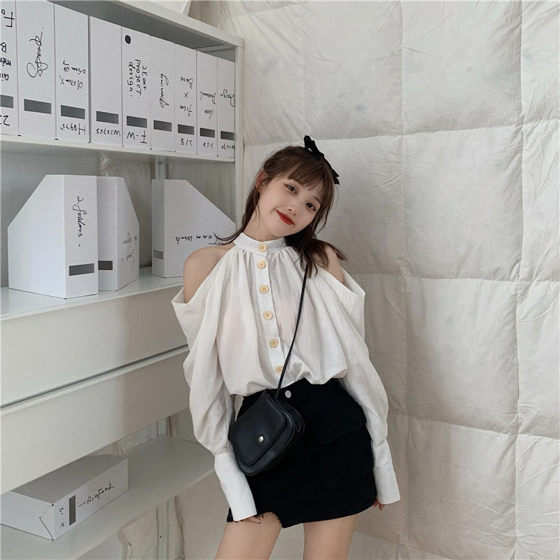 

2021 Summer Casual Long Sleeve Vintage Strapless Round Neck Single Breasted Shirt + Three-dimensional Pocket Black Denim Skirt