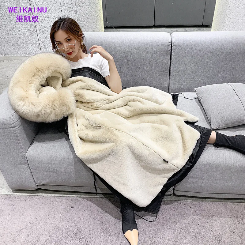 Black with beige fur Новинка года; модное зимнее пальто с мехом для женщин и девочек парка с капюшоном из искусственного кроличьего меха утепленная верхняя одежда - Цвет: Black with beige fur