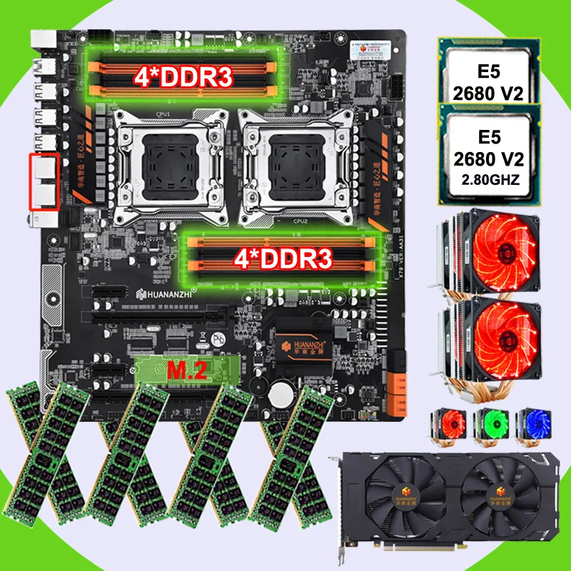 HUANANZHI dual X79 материнская плата с 8 DDR3 dimm двойной процессор Xeon E5 2680 V2 с охладителями ram 128G(8*16G) видеокарта GTX1660TI 6G