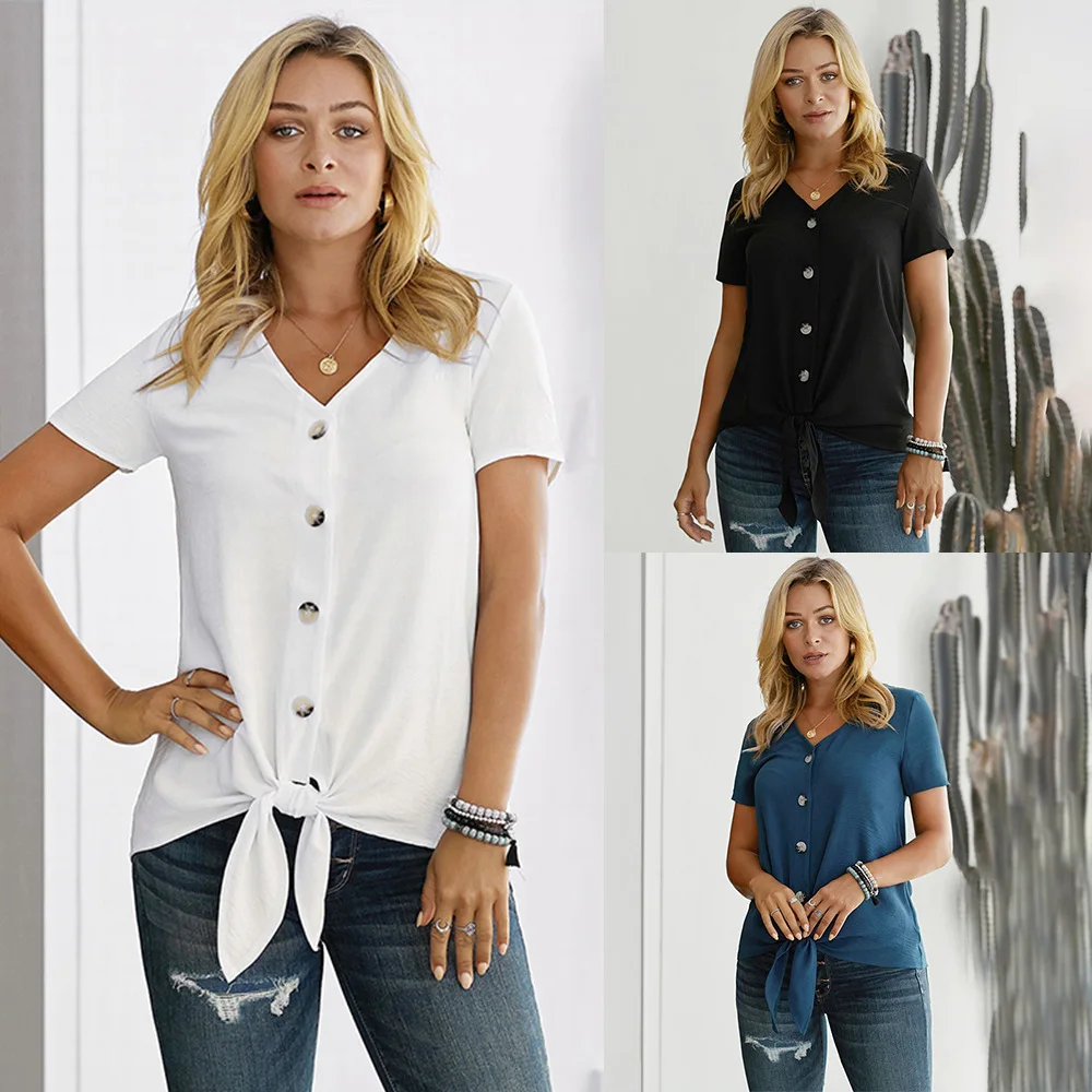 

Women's Summer V-neck Solid Button Shirt Female Knotted Shirt Camisa Tops Breasted Short Sleeve Blouse Women Blouses