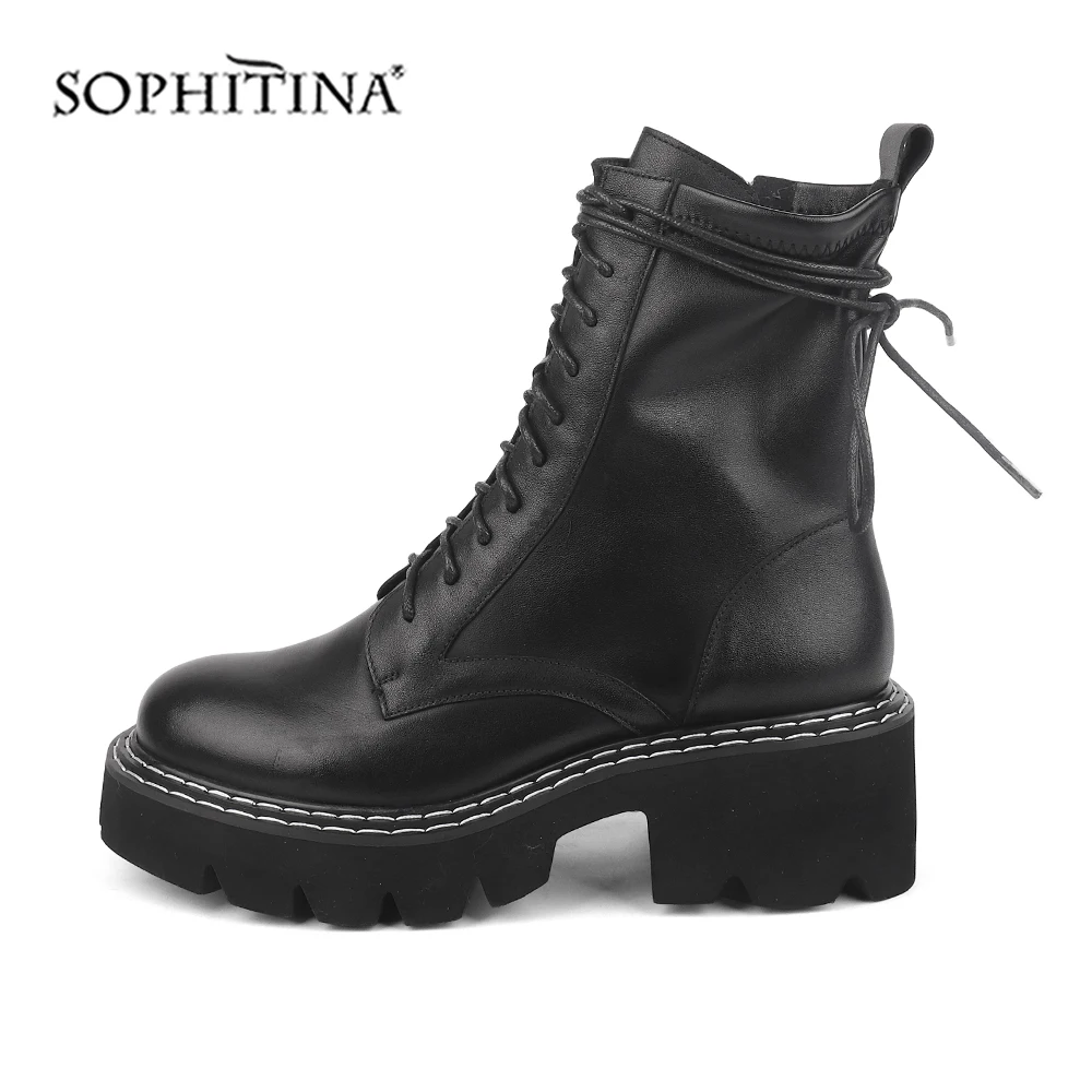 SOPHITINA/Ботинки женские martin. Модные ботинки высокого качества из натуральной кожи и стрейчевой ткани со шнуровкой. Теплая обувь в стиле локомотива. Ботильоны на легкой толстой подошве и квадратном каблуке. SC472