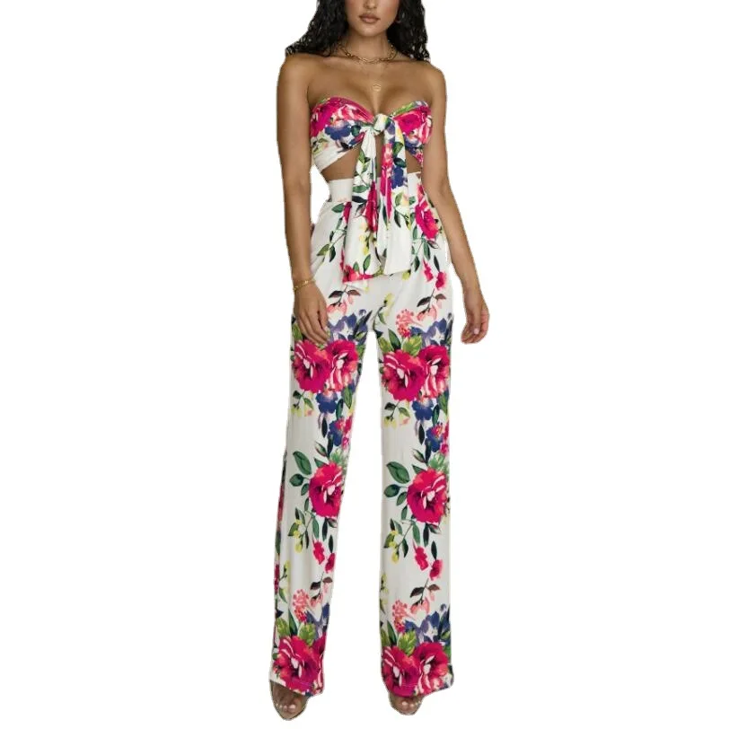 

Europe and The United States 2021 Summer New Feminine Print Lace-up Tube Top Trousers Two-piece Suit Fashion