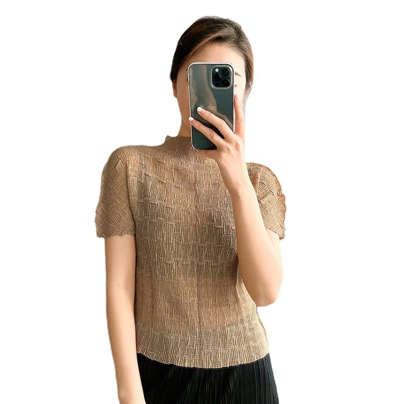 

TVVOVVIN French Half High Collar Short Sleeve Top 2021 Summer New Slim Thin Translucent Pullover Stretch T-shirt JGI3