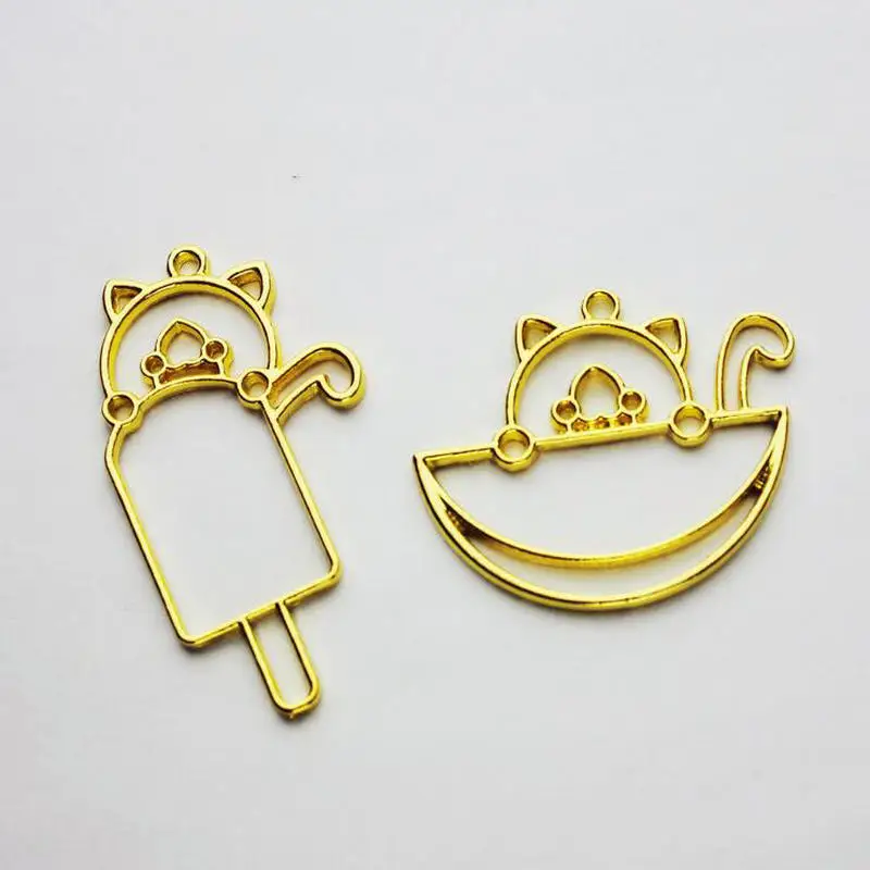 

5pcs Ice Cream Cat Watermelon Decor Hollow Metal Frame Jewelry Findings Pendant Accessories DIY UV Resin Handmade Charm Bezels