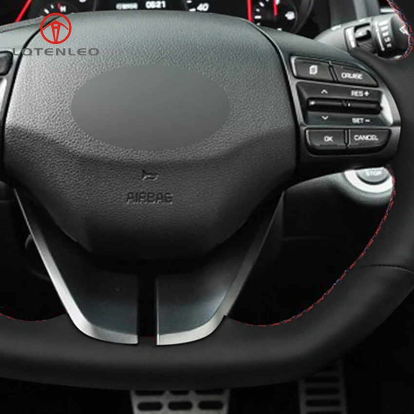 

LQTENLEO Black Genuine Leather DIY Hand-stitched Car Steering Wheel Cover for Hyundai Elantra 4 2016-2019 Ioniq 2016-2019