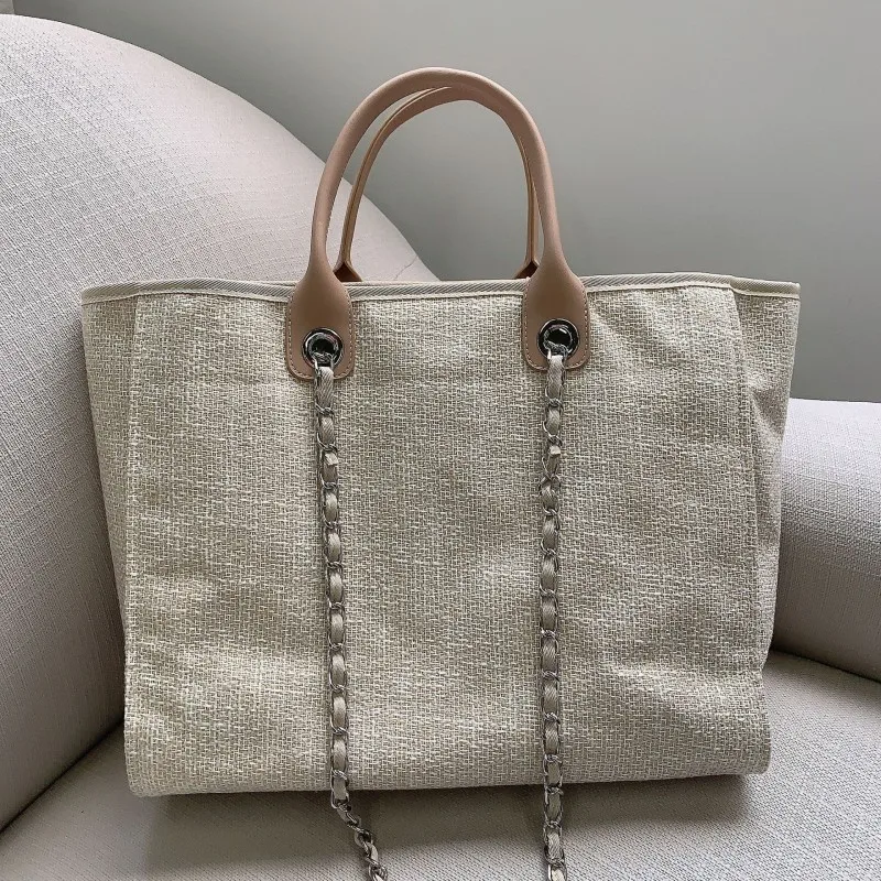 

Biker Beach Bag Shopper Bag High Capacity Canvas Bucket Bag Shoulder Soft Handle Chain Open Pocket Handbag Stereoscopic Bag