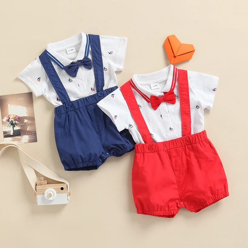 

Костюм из двух предметов для мальчиков 0-18 месяцев, с принтом парусника, с коротким рукавом, с лацканами и шортами на бретелях
