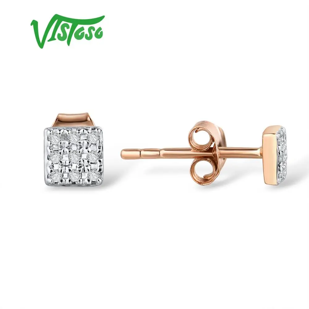 Серьги VISTOSO, золотые, для женщин, 14 K, 585, розовое золото, сверкающие бриллианты, изящные круглые серьги-гвоздики, модные ювелирные изделия
