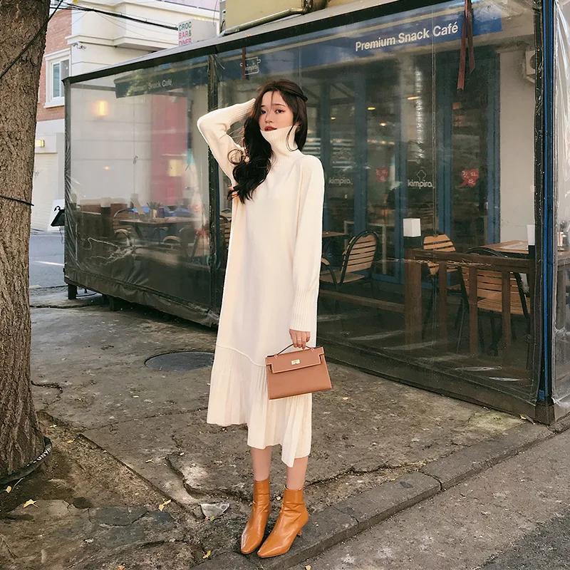 Woolen Skirt 2020 New Pleated Turtleneck Knitted Mid-Length Jersey Dress Women women sweater womens knitted | Женская одежда
