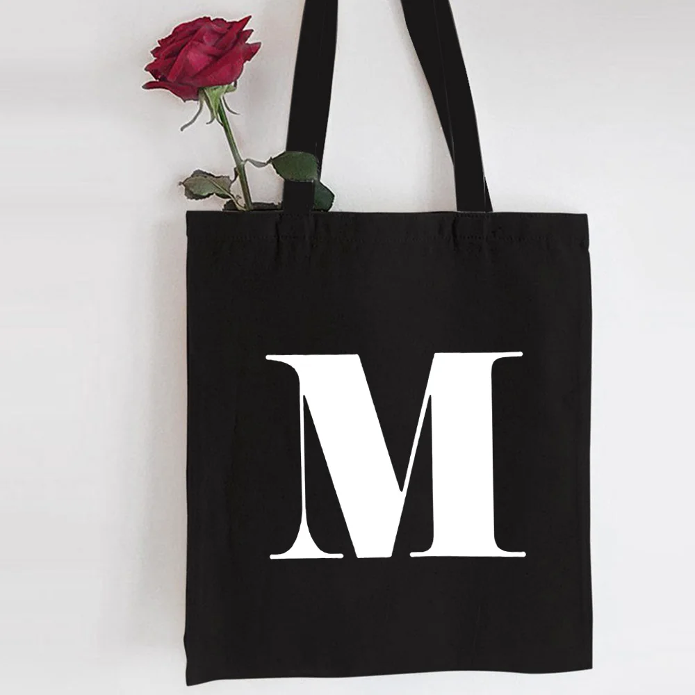 

English Alphabet Letter Shopping Bag Personalised Reusable Shopper Tote Canvas Black Bag Harajuku High Capacity Women Handbag