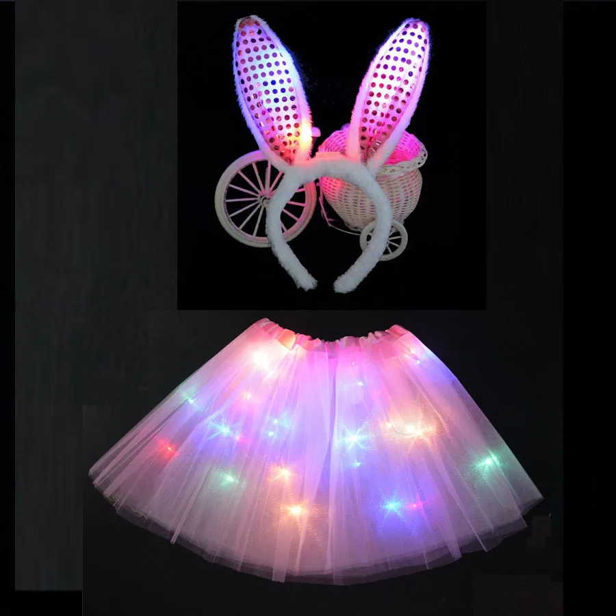 Kids Girls Princess LED Glowing Light Tutu Dresses Children Clothing Headband Crown Rabbit Bunny Costume cosplay Birthday Party|Костюмы для