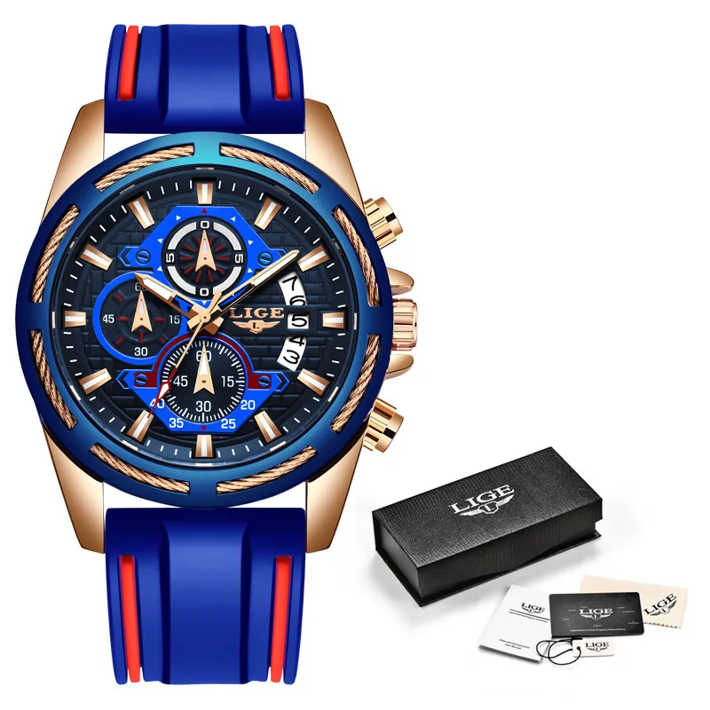Rose gold blue Мужские часы, новинка, LIGE, мужские часы, Топ бренд, Роскошные, мужские спортивные часы, мужские кварцевые часы с датой, водонепроницаемые, Хронограф+ коробка - Цвет: Rose gold blue