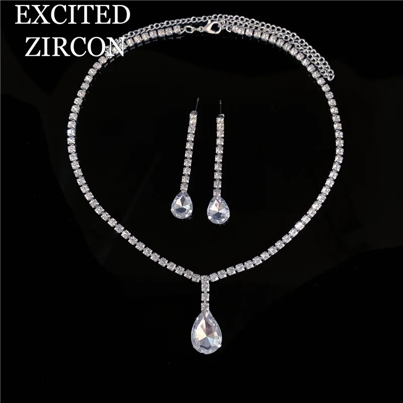 

New Luxury Angel Teardrop Necklace Earrings Set Bride Bridesmaid Wedding Jewelry Set Gifts For Women Fashion Crystal Necklace