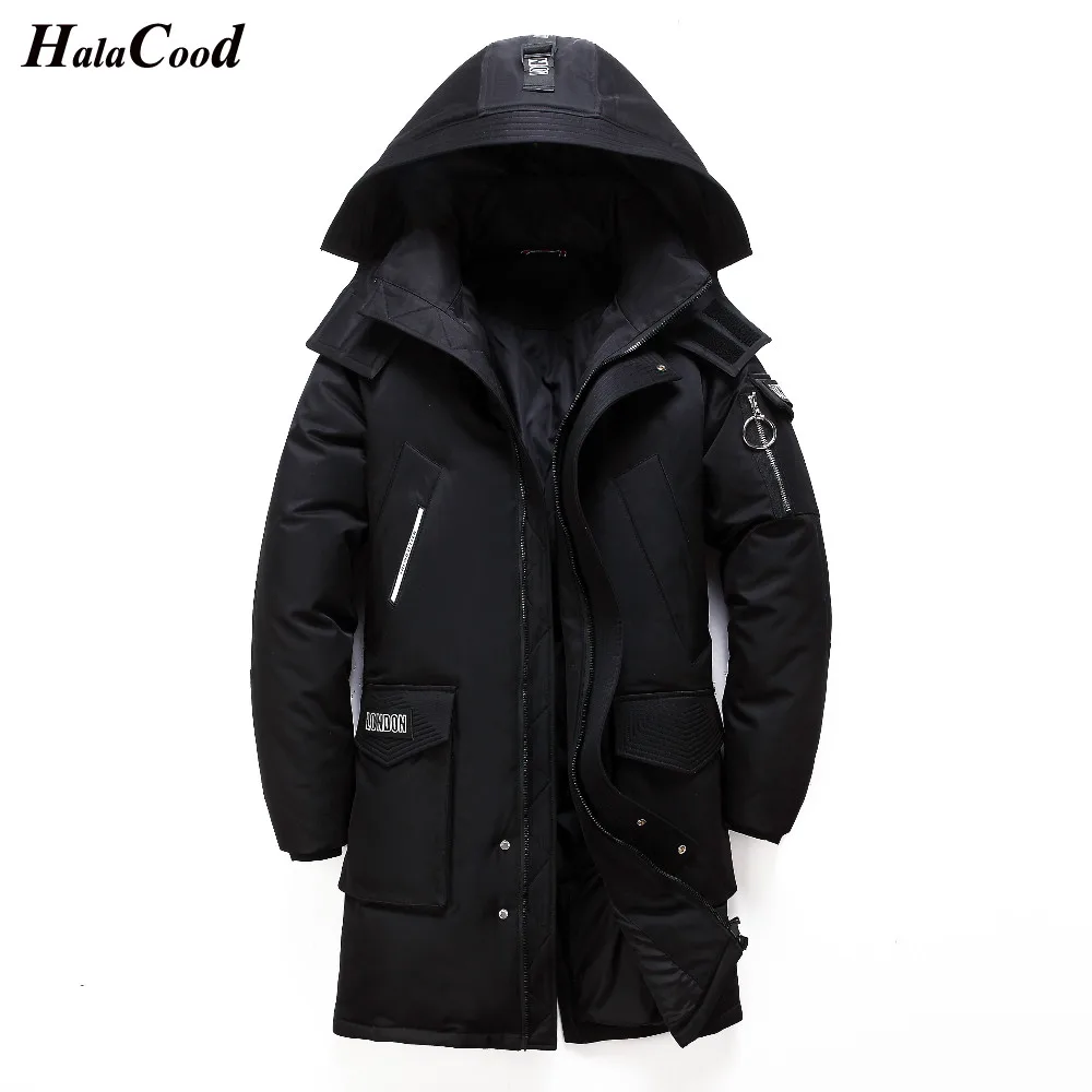 Модные зимние длинные куртки большого размера с капюшоном на утином пуху мужские