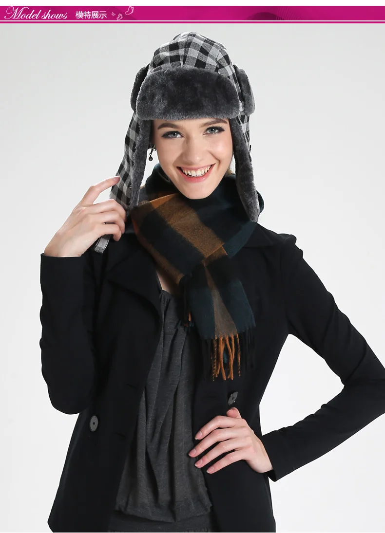 Bomber Hat Женская Мужская зимняя шапка унисекс с ушками для женщин теплые ушные щитки Кепка ветрозащитная Толстая клетчатая русская ушанка шапка