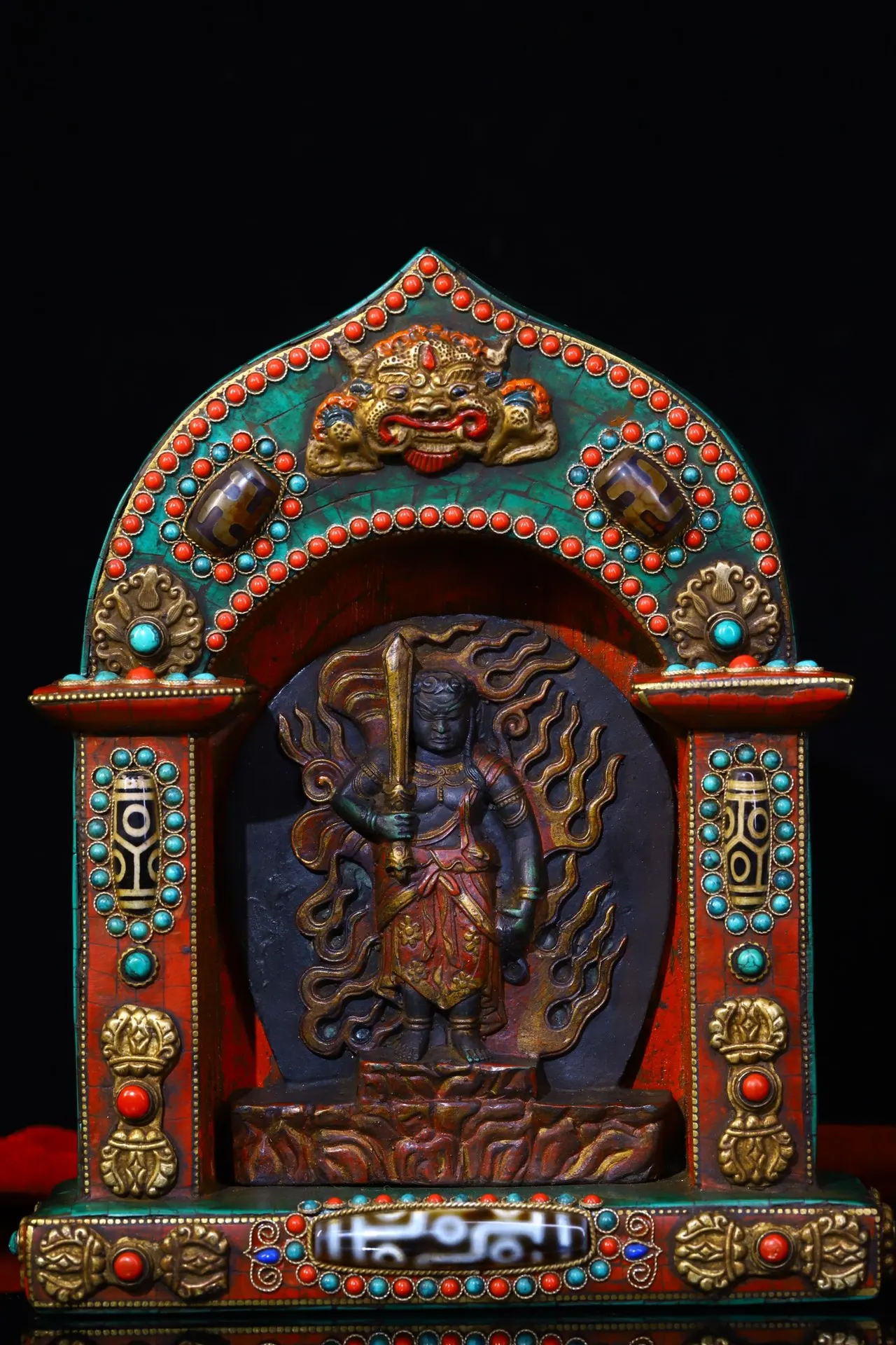 

9"Tibetan Temple Collection Old Bronze Gilt Filigree mosaic gem Fudo Mingwang Buddhist altar Ornaments Town House Exorcism
